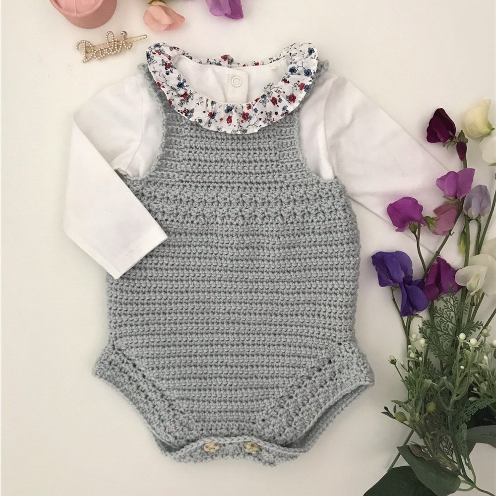 Gray Crochet Baby Romper with Floral Collar